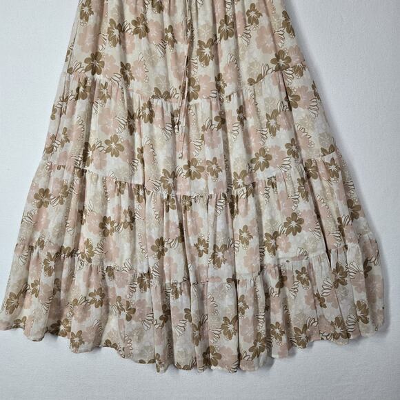 Aerie Tiered Maxi Skirt XL Ivory Beige Multi Floral Elastic Waist Tie Fairy Boho - Picture 3 of 12